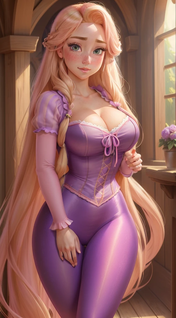 (RapunzelWaifu: 1.2), masterpiece, perfect lighting, cinematic lighting, adult, rapunzel, freckles, blush, solo, purple leggings, pink blonde, very long hair, more definition, large breasts, embarrassed expression, blushing, deep cleavage, seductive glance at camera