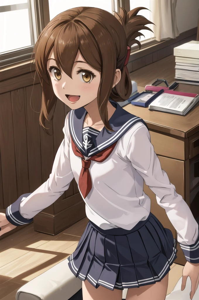 Highest quality, masterpiece, High resolution, alone, {inazuma_Kantai Collection}, brown_hair, Folded_ponytail, brown_eye, length_hair, Open_mouth, smile, School_uniform,skirt,Pleats_skirt,((Flat Chest, Small breasts)), (panties), (bra), (In underwear), (Flashy underwear), (lingerie), (indoor, office, living room), 