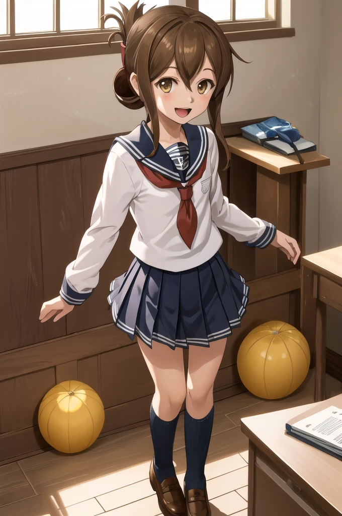 Highest quality, masterpiece, High resolution, alone, {inazuma_Kantai Collection}, brown_hair, Folded_ponytail, brown_eye, length_hair, Open_mouth, smile, School_uniform,skirt,Pleats_skirt,((Flat Chest, Small breasts)), (panties), (bra), (In underwear), (Flashy underwear), (lingerie), (indoor, office, living room), 