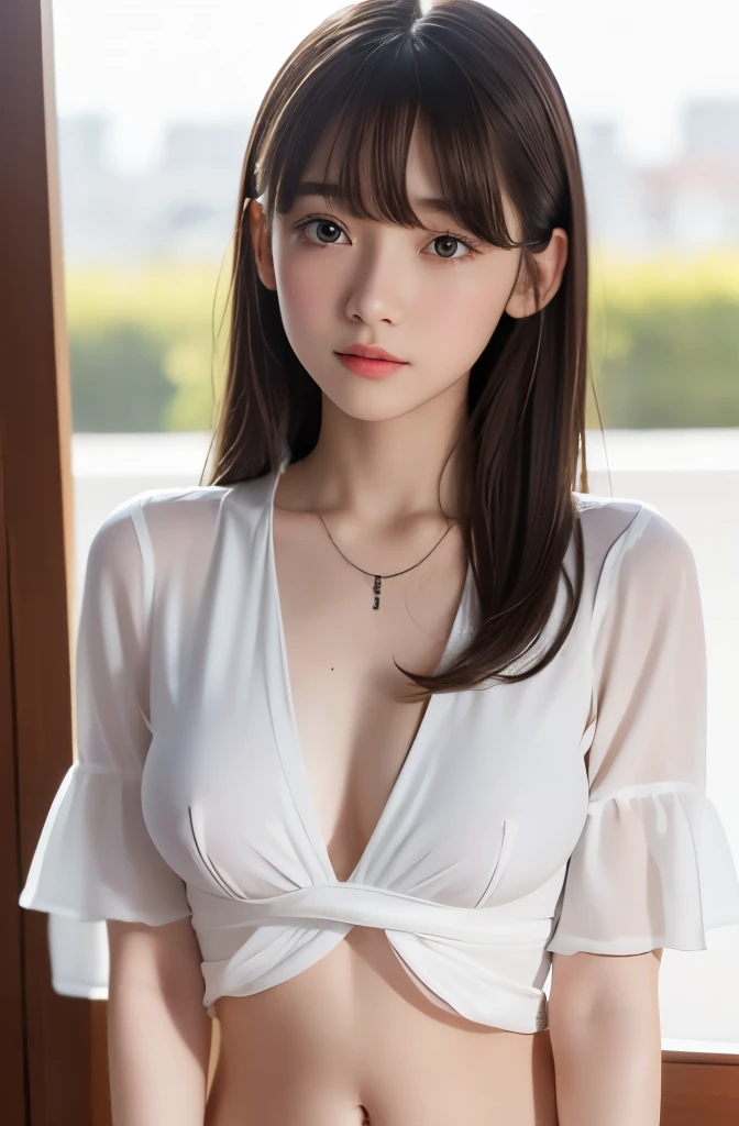 Highest quality,8k,High resolution,Professional Lighting,,Beautiful face like an actress,Narrow jaw face,,With bangs,,White blouse,Small breasts,Stant nipples(belly button),mini skirt:1.3,Virgin body