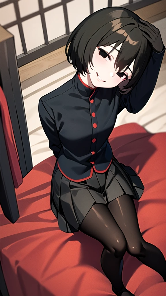 (masterpiece,Highest quality, detailed), One girl, alone, indoor, bed, Sitting, Half-closed eyes, smile, Mouth closed, whole body, Tilt your head, From above, View your viewers,
Oshino Ougi, gakuran, Black gloves, Black jacket, Pleated skirt, Black Pantyhose, No shoes