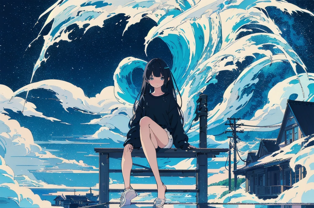 masterpiece、Exquisite details、Highest quality、One Girl、alone、handrail、cloud、buildingを見上げて、Long Hair、zero、Long sleeve、Power lines、White footwear、Black Hair、View Audience、Electric pole、bangs、曇りzero、Green Eyes、shorts、Day、Black Shirt、barefoot、night、star、milky way、night、Jet Black、building、Sitting、High quality anime art style、Standing Painting、Splash ink background、Blue theme、Clear Face、Distinct facial features