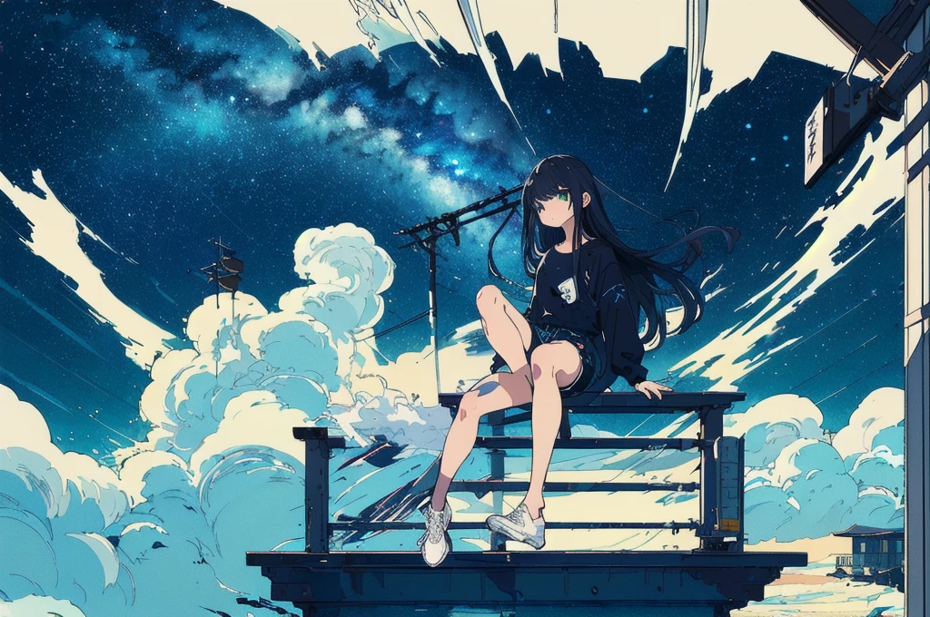 masterpiece、Exquisite details、Highest quality、One Girl、alone、handrail、cloud、buildingを見上げて、Long Hair、zero、Long sleeve、Power lines、White footwear、Black Hair、View Audience、Electric pole、bangs、曇りzero、Green Eyes、shorts、Day、Black Shirt、barefoot、night、star、milky way、night、Jet Black、building、Sitting、High quality anime art style、Standing Painting、Splash ink background、Blue theme、Clear Face、Distinct facial features