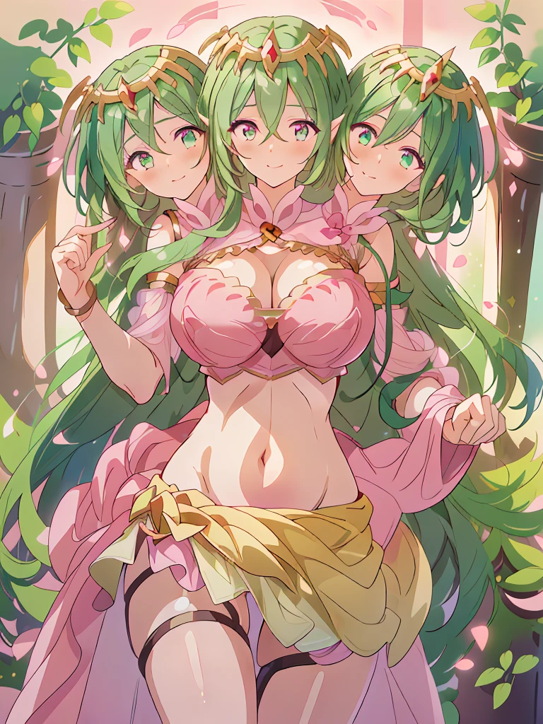 (masterpiece, best quality), best resolution, (3heads:1.5), 1girl, dark green hair, flowing hair, smiling, soft smile, open belly, pink crop top, pink miniskirt, open breasts, huge tits, sexy pose, beautiful eyes, golden eyes, alluring presence, beautiful eyes, detailed eyes, wearing a fancy tiara, headband