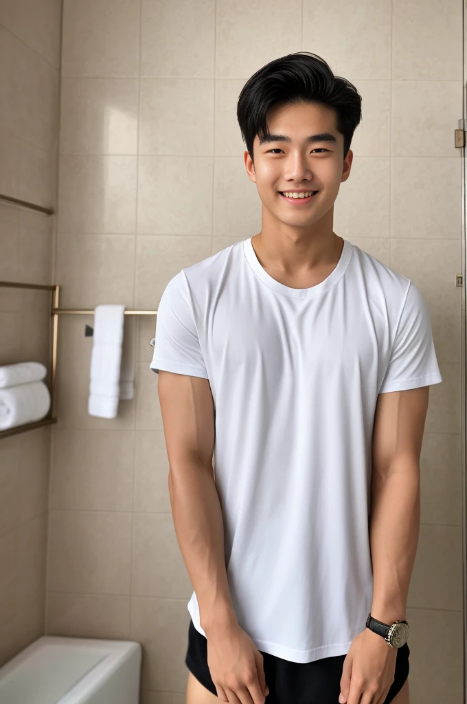 single: 1.5, (ที่TRUEแล้ว, Masterpiece, 8k HD, good light quality, sportswear, to fit the face, complicated details), A handsome Korean man with muscular arms.. , 20 years old, be happy, smile brightly, detailed face, delicate eyes, look at the sky, Wear a tight white t-shirt.:1.6 ., black eyes, Black hair color, ผมsmooth, smooth,SurTRUE,Excellent details,Highest quality,TRUE,Open your mouth to talk.. , Close your eyes.., (standing in the bathroom:1.5)