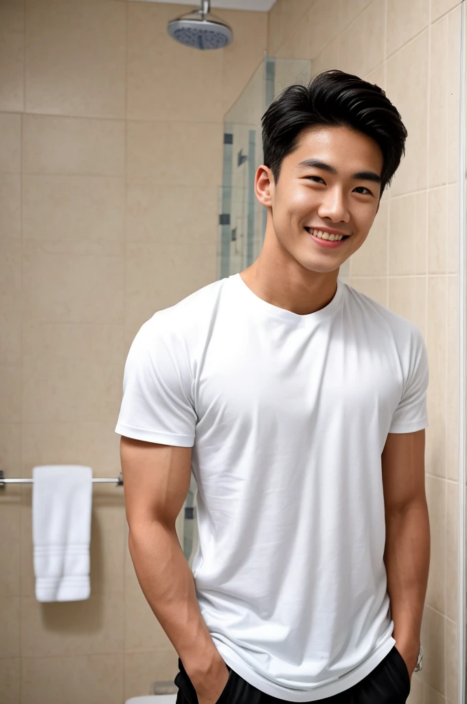 single: 1.5, (ที่TRUEแล้ว, Masterpiece, 8k HD, good light quality, sportswear, to fit the face, complicated details), A handsome Korean man with muscular arms.. , 20 years old, be happy, smile brightly, detailed face, delicate eyes, look at the sky, Wear a tight white t-shirt.:1.6 ., black eyes, Black hair color, ผมsmooth, smooth，SurTRUE，Excellent details，Highest quality，TRUE，Open your mouth to talk.. , Close your eyes.., (standing in the bathroom:1.5)