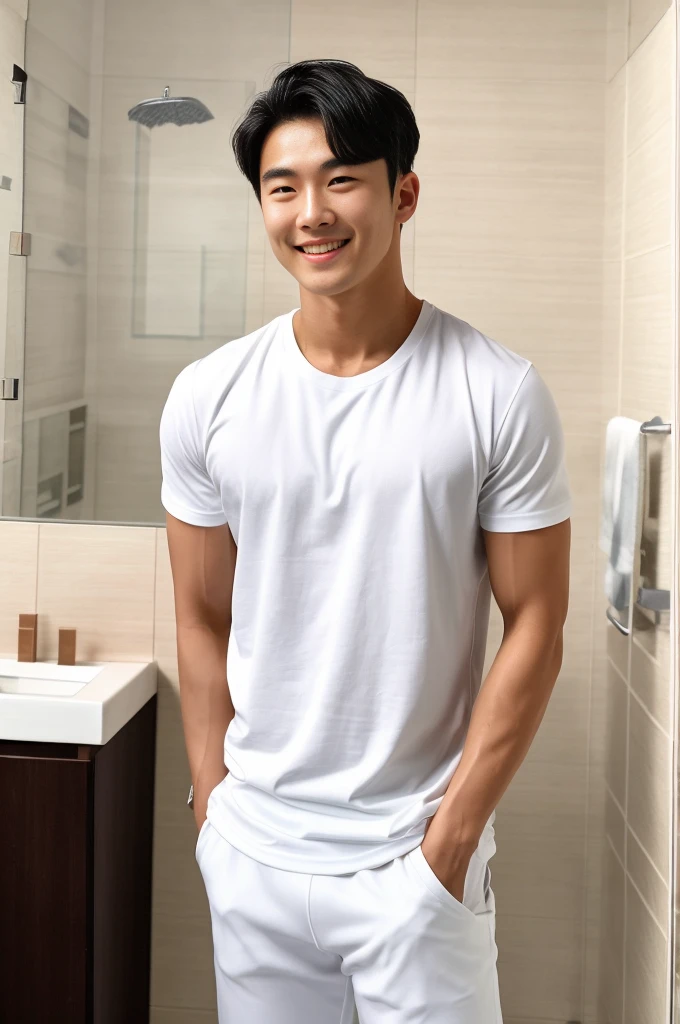 single: 1.5, (ที่TRUEแล้ว, Masterpiece, 8k HD, good light quality, sportswear, to fit the face, complicated details), A handsome Korean man with muscular arms.. , 20 years old, be happy, smile brightly, detailed face, delicate eyes, look at the sky, Wear a tight white t-shirt.:1.6 ., black eyes, Black hair color, ผมsmooth, smooth,SurTRUE,Excellent details,Highest quality,TRUE,Open your mouth to talk.. , Close your eyes.., (standing in the bathroom:1.5)
