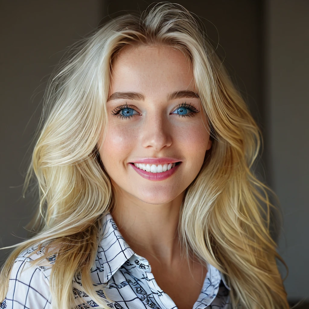 Beautiful woman, realistic eyes, long blonde hair, 25 years old, model, full lips, smiling, special camera angle, sexy shirt