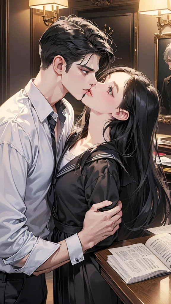 (masutepiece, Digital Art, Digital Illustration, 4K, 8K, Ultra-detailed, beautiful image, Sharp Image, Photorealistic, Raw photo, Perfect face, Perfect lines, Perfect, wear a cloth blindfold, Soft lighting) 1 woman, (Long Black Hair,straight haired,Bullish gaze,Beautie,Woman in school jackets and school uniforms ,Solid makeup,23 y-o woman,small tits:1.3),Secretary, Two handsome men in school jackets and school uniforms, (ember,Men in suits,well-muscled,Firm shoulder width,Adult male,Boyish hairstyle,english gentlemanly style,Man in his 30s with a cool expression,28-year-old man with bright smile:1.2),Office scene at night,Antique furnishings,Antique Clamps,Antique chair,chandeliers,Parti、a couple、couple kissing、kiss、the kiss、Romance、Kissing