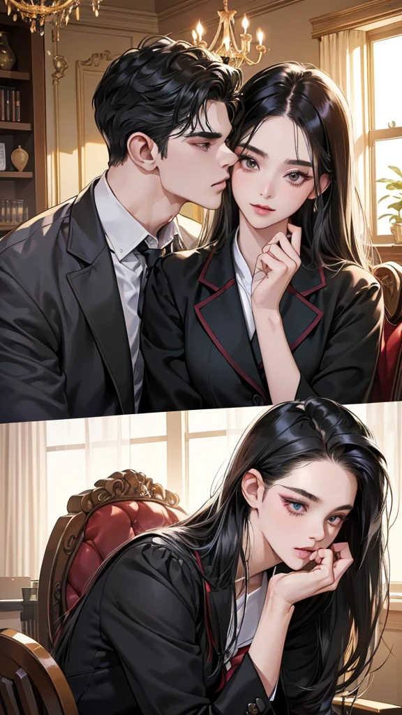 (masutepiece, Digital Art, Digital Illustration, 4K, 8K, Ultra-detailed, beautiful image, Sharp Image, Photorealistic, Raw photo, Perfect face, Perfect lines, Perfect, wear a cloth blindfold, Soft lighting) 1 woman, (Long Black Hair,straight haired,Bullish gaze,Beautie,Woman in school jackets and school uniforms ,Solid makeup,23 y-o woman,small tits:1.3),Secretary, Two handsome men in school jackets and school uniforms, (ember,Men in suits,well-muscled,Firm shoulder width,Adult male,Boyish hairstyle,english gentlemanly style,Man in his 30s with a cool expression,28-year-old man with bright smile:1.2),Office scene at night,Antique furnishings,Antique Clamps,Antique chair,chandeliers,Parti、a couple、couple kissing、kiss、the kiss、Romance、Kissing