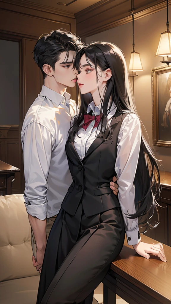 (masutepiece, Digital Art, Digital Illustration, 4K, 8K, Ultra-detailed, beautiful image, Sharp Image, Photorealistic, Raw photo, Perfect face, Perfect lines, Perfect, wear a cloth blindfold, Soft lighting) 1 woman, (Long Black Hair,straight haired,Bullish gaze,Beautie,Woman in school jackets and school uniforms ,Solid makeup,23 y-o woman,small tits:1.3),Secretary, Two handsome men in school jackets and school uniforms, (ember,Men in suits,well-muscled,Firm shoulder width,Adult male,Boyish hairstyle,english gentlemanly style,Man in his 30s with a cool expression,28-year-old man with bright smile:1.2),Office scene at night,Antique furnishings,Antique Clamps,Antique chair,chandeliers,Parti、a couple、couple kissing、kiss、the kiss、Romance、Kissing