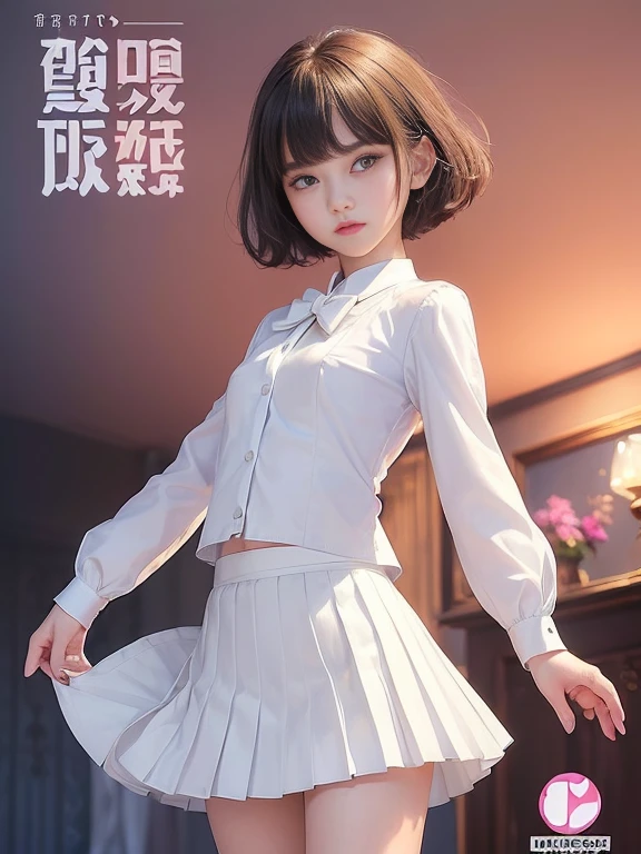 (masterpiece、Highest quality:1.7)、(:1.5)、(Full body shot:1.7)、((Bobcut、Black Hair))、85mm、16K、Official Art、RAW Photos、Best Beautiful Faces、Close-up、Violet、Gardenia、((The best beautiful girl、very cute))、Red blush on cheeks、((indoor))、(Are standing:1.8)、Film Grain、Chromatic Aberration、Sharp Focus、(((Nice hands、Perfect hands、Perfect Fingers、Thin and delicate fingers、A perfect body without flaws)))、Detailed face、(Slender body:1.5)、(Slender body:1.1)、(Slim upper body:1.1)、(Small and flat bust:1.7)、(Narrow thighs:1.3)、(One leg raised:1.5)、(Let your bangs hang down:1.8)、(Blushing:1.8)、(Low contrast lighting:1.4)、(襟t付きのwhiteタイトビジネスブラウス:1.5)、((white)Bowtie blouse:1.5)、(Long sleeve: 1.4)、(Very short length(white)Pleated mini skirt:1.8)、(Cover your chest with your palms:1.7),(The wind is blowing up her skirt:1.8),(Low angle from below:1.8)