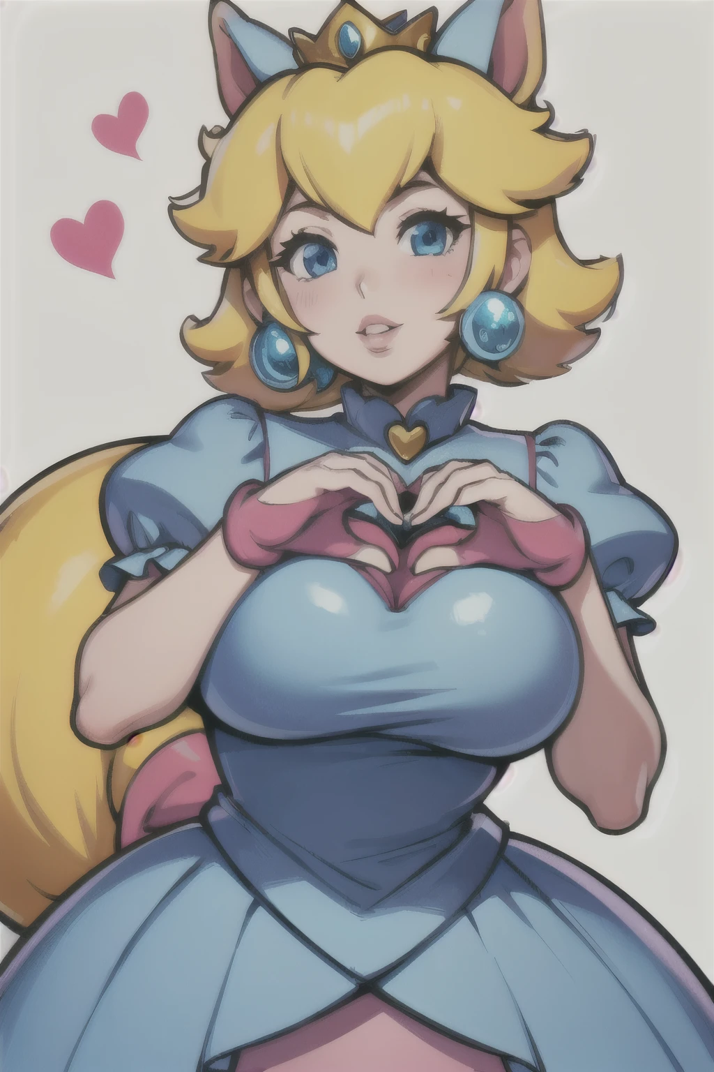 1 girl, Alone, Lips, Horse tail, big breasts,  heart hands, simple heart dress background, princess peach 