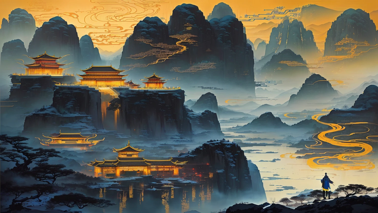 painting of a man standing on a mountain with a river, chinese landscape, inspired by Victo Ngai, cyberpunk chinese ancient castle, by Yang J, chinese fantasy, by Qiu Ying, victo ngai style, by Qu Leilei, dreamy chinese town, g liulian art style, by Ni Zan, by Sheng Maoye, chinese surrealism