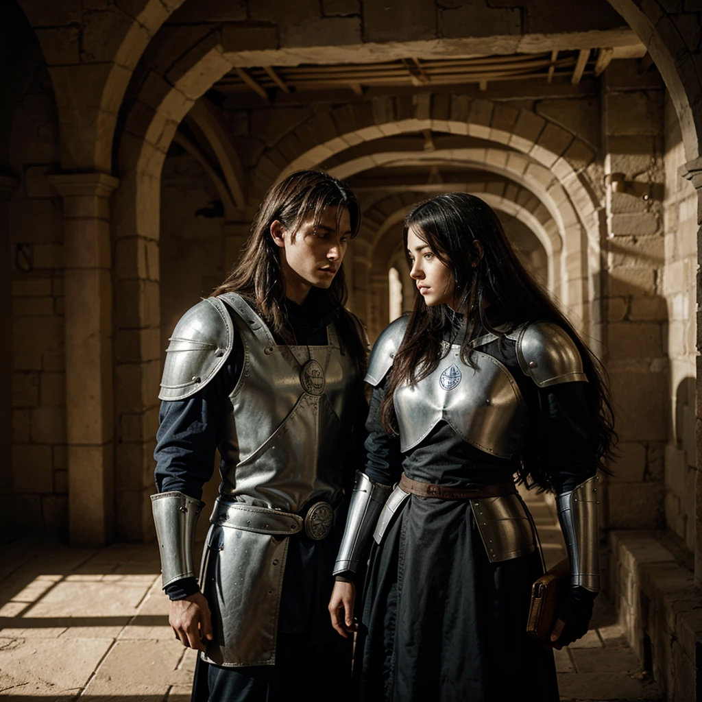 There are 2 characters, knight, princess, The atmosphere looks sad.
