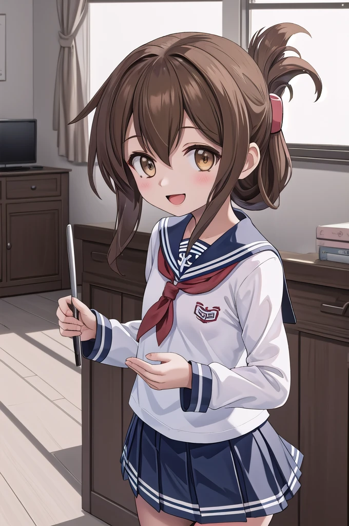 Highest quality, masterpiece, High resolution, alone, {inazuma_Kantai Collection}, brown_hair, Folded_ponytail, brown_eye, length_hair, Open_mouth, smile, School_uniform,skirt,Pleats_skirt,((Flat Chest, Small breasts)), (White panties), (bra), (In underwear), (Flashy underwear), (lingerie), (indoor, office, living room), 