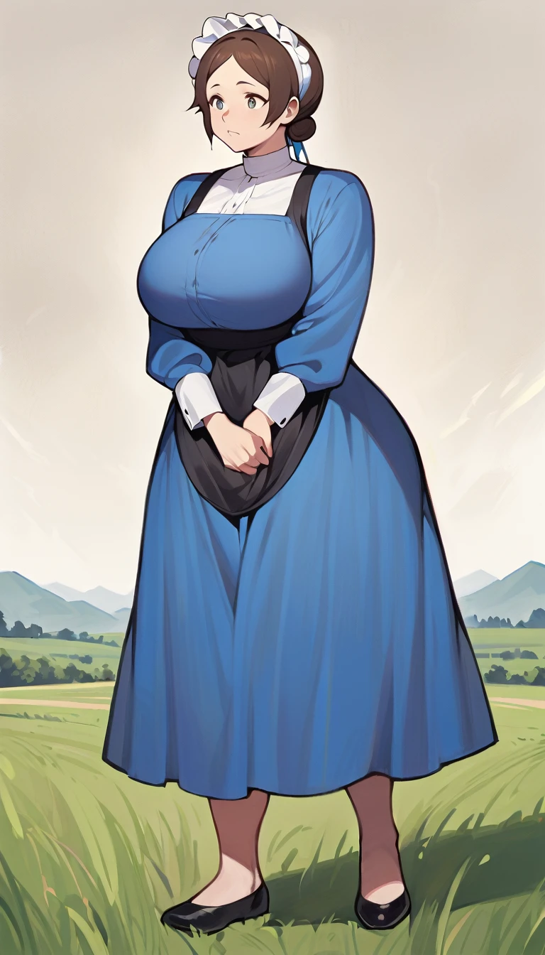 adult amish woman, 40 years old, pale skin, long sleeved blue dress, small black apron over her blue dress, full body shown, very short brown hair in a conservative sleek bun, white bonnet kapp, wide hips, thick thighs, wearing simple black flats, thick legs, slightly below the knee dress, slight face wrinkles, tight sleeves, standing upright in a farm field, no makeup, round face, hands on lap, side view, aged face, busty, hourglass body figure, rosy cheeks