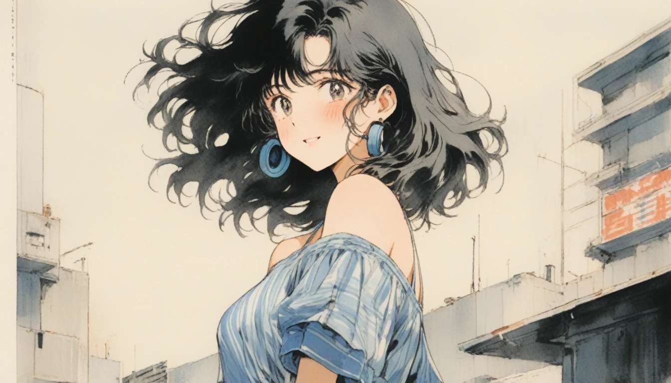 1 busty girl, Alone, Long gray hair, mediuml breasts, looking at letd side , ssmile, through bangs, summer cloths,The shirt, a skirt, exposed bare shoulders, close your mouth, a black eye, black colored hair, short- sleeved, side locks, Shiny, cropped shoulders, Parted bangs, curlies, off-the-shoulder shirts, retro artstyle, 90s of the 20th century (Stylized), 80s of the 20th century (Stylized),wear headphone