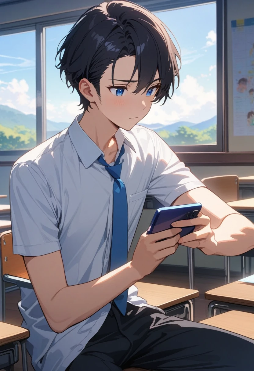masterpiece, best quality, extremely detailed, ultra detailed, flat anime, 2D, ((1boy)),black hair, (short hair:1.5),blue eyes, height 1.7meters, (circle eyes:1.2), (young adult:1.2), Ear-length sideburns,height 1.7meters, High School Uniforms, white shirt, blue tie, ((short sleeves)), ((long pants)), sitting, closed mouth, thinking, upper body, summer, classroom, 11AM,looking at his smart phone., Operating a smart phone, baby face, bangs