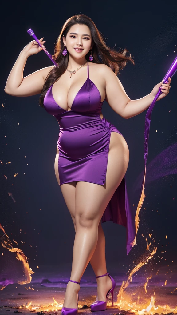 Masterpiece, Highest Quality, Ultra Fine, Highest Resolution, 32K Quality, Dynamic, (Obese: 1.2), (Super Curvy: 1.5), Korean Female, (Red Slicked Back Long Hair), Smiling, Purple Stringless Tube Top Dress, Teardrop Earrings and Necklace, Holding a Height-Length Baton, Holding a Talisman, Purple High Heels, Full Body Shot, (Fire Background),