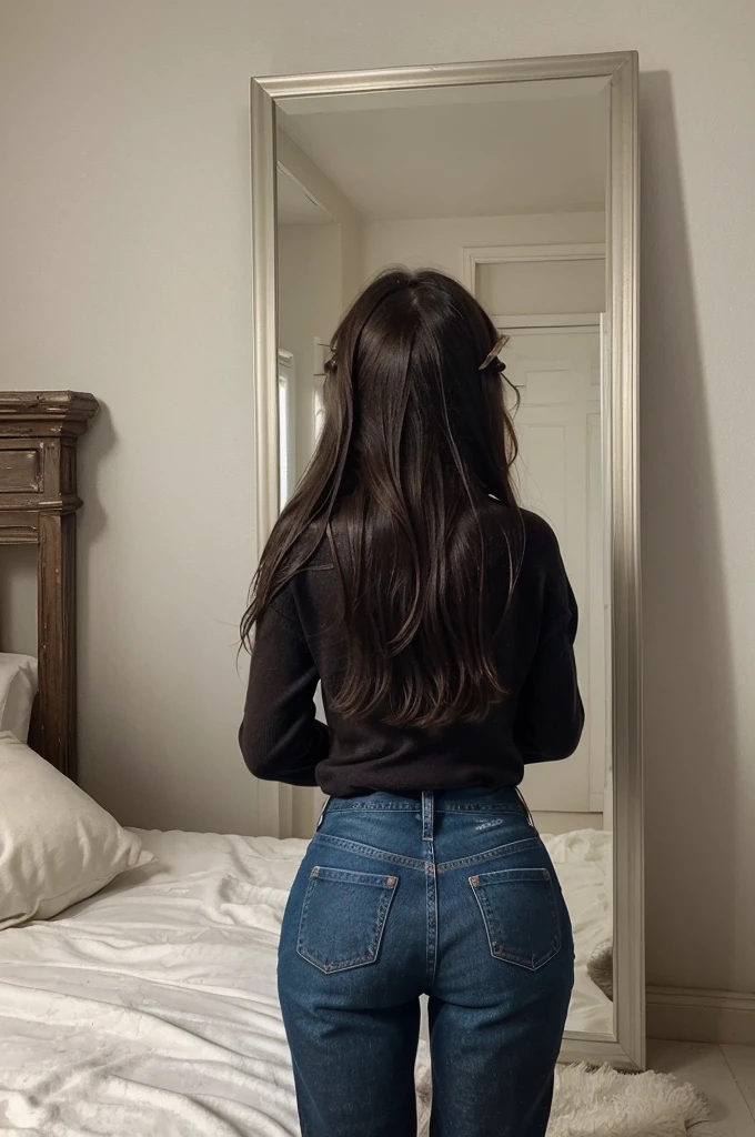 create ultrarealistic, hyperdetailed, anatomically correct 13 year old girl (dark brown and somewhat messy hair, Beautiful, innocent, small) full body selfie, from the back looking in a mirror (front camera of a phone) in bed, wearing a baggy black sweater, with light jeans ((the image has to make sense anatomically))