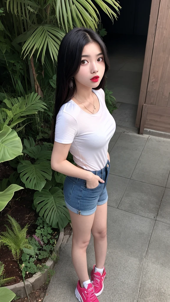 a very cute girl, solo, young, wearing good t-shirts and short pants,medium breast, standing, long hairs, red lips, at camp, realistic face, full body, blue shoes, background jungle, black hair, pink asesoris
