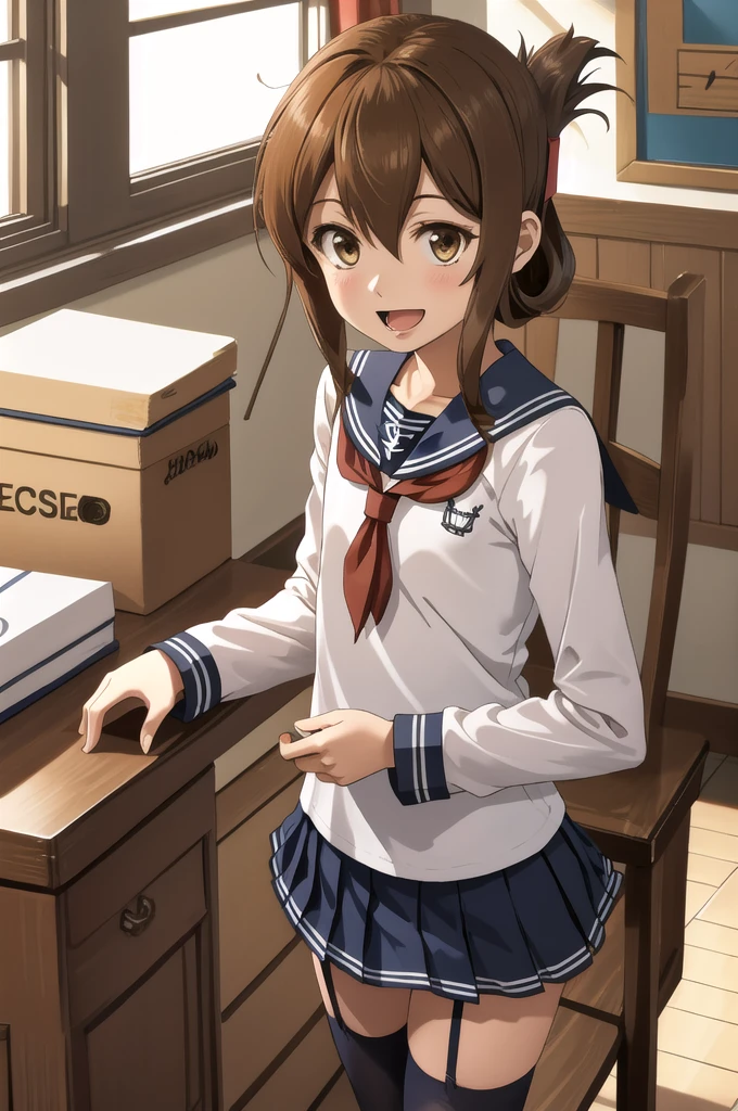 Highest quality, masterpiece, High resolution, alone, {inazuma_Kantai Collection}, brown_hair, Folded_ponytail, brown_eye, length_hair, Open_mouth, smile, School_uniform,skirt,Pleats_skirt,((Flat Chest, Small breasts)), (panties), (bra), (In underwear), (Flashy underwear), (lingerie), (indoor, office, living room), 