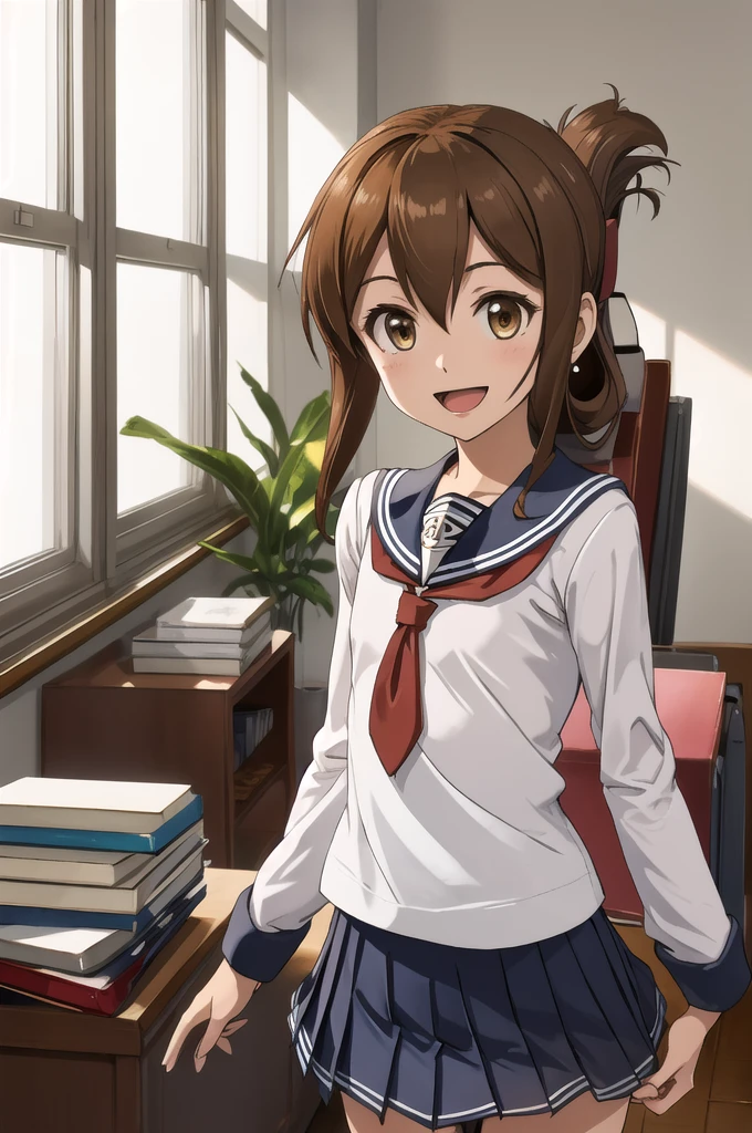 Highest quality, masterpiece, High resolution, alone, {inazuma_Kantai Collection}, brown_hair, Folded_ponytail, brown_eye, length_hair, Open_mouth, smile, School_uniform,skirt,Pleats_skirt,((Flat Chest, Small breasts)), (panties), (bra), (In underwear), (Flashy underwear), (lingerie), (indoor, office, living room), 