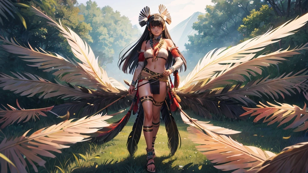 indigenous girl -HD photo - sexy photo -indigenous warrior- full body photo- beautiful legs- forest- high detailed- perfect face- straight black hair- straight bangs -snake- war paint- feather headdress- feathers- 18 years old- bow and arrow- wind- tribe- blood