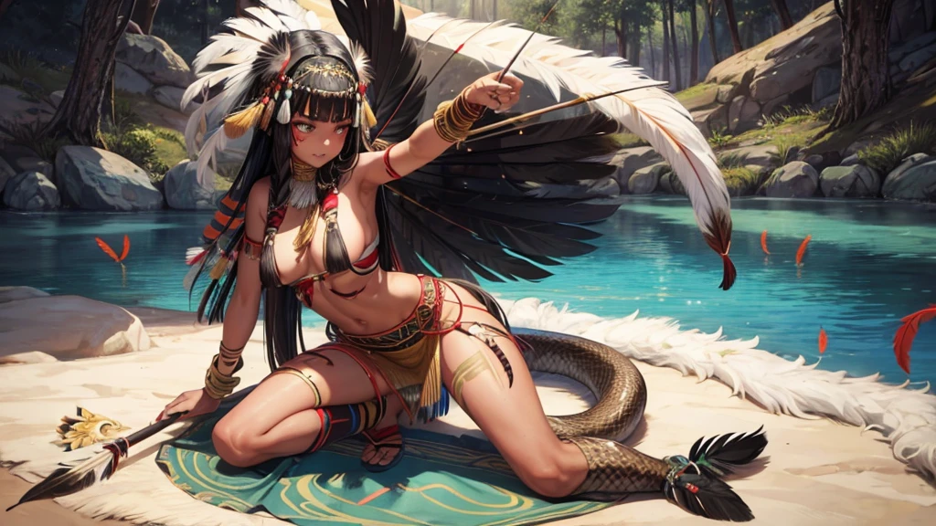 indigenous girl -HD photo - sexy photo -indigenous warrior- full body photo- beautiful legs- forest- high detailed- perfect face- straight black hair- straight bangs -snake- war paint- feather headdress- feathers- 18 years old- bow and arrow- wind- tribe- blood