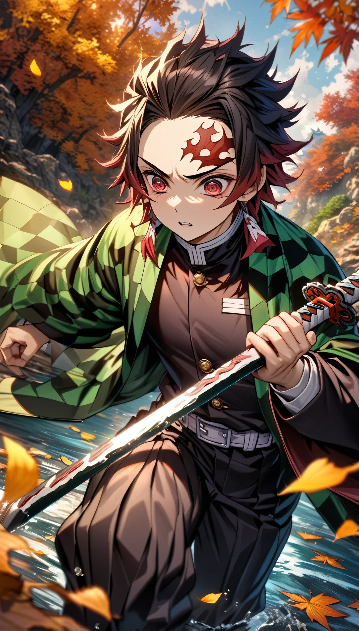 Ultra detailed, highres, absurdres, HDR, master piece, Kamado Tanjirou, ruffled black hair with burgundy tips, expressive dark red eyes, Kimetsu No Yaiba, water, autumn, petals, orange and yellow leaves, sexy man, solo, handsome, demon slayer uniform, green haori, best quality, red mark on his forehead, holding katana, fire katana, fight, epic