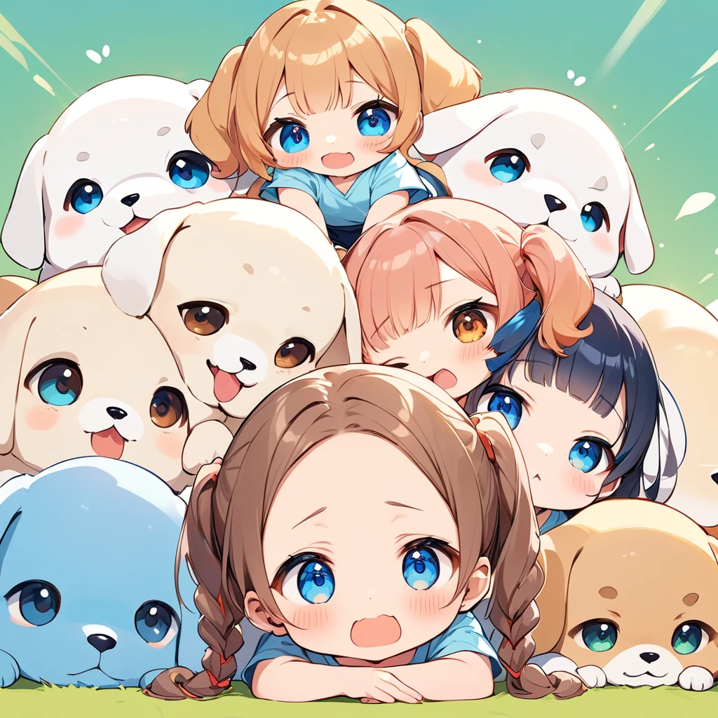 Highest quality、High resolution、Detailed Background、Beautiful face in every detail、Anatomically correct、Detailed facial expressions、fine grain、((full body, from below:0.8, looking away:1.2)), Close-up of the mouth、((One Girl))、Chibi Girl、Cute hair color、Big beautiful blue eyes、Braided twin tails、 (Tank top、Ｖneck、mini skirt、Cute Shoes)、break　I'm a little scared、I have a lot of tears in my eyes、An expression that looks like it's about to cry、grassland、((Lying face down、Rest your chin on your hands and bend your knees))、break　((One dog、Giant white puppy))、(Dog rides on girl)