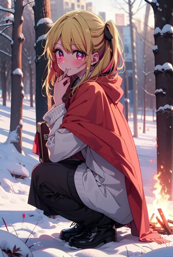 rubyhoshino, Hoshino Ruby, Long Hair, bangs, blonde, (Pink Eyes:1.3), Side Lock, (Symbol-shaped pupil:1.5), Multicolored Hair, Two-tone hair, smile,,smile,blush,white breath,
Open your mouth,snow,Ground bonfire, Outdoor, boots, snowing, From the side, wood, suitcase, Cape, Blurred, , forest, White handbag, nature,  Squat, Mouth closed, Cape, winter, Written boundary depth, Black shoes, red Cape break looking at viewer, Upper Body, whole body, break Outdoor, forest, nature, break (masterpiece:1.2), Highest quality, High resolution, unity 8k wallpaper, (shape:0.8), (Beautiful and beautiful eyes:1.6), Highly detailed face, Perfect lighting, Extremely detailed CG, (Perfect hands, Perfect Anatomy),