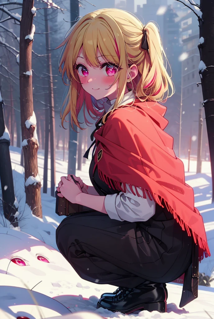 rubyhoshino, Hoshino Ruby, Long Hair, bangs, blonde, (Pink Eyes:1.3), Side Lock, (Symbol-shaped pupil:1.5), Multicolored Hair, Two-tone hair, smile,,smile,blush,white breath,
Open your mouth,snow,Ground bonfire, Outdoor, boots, snowing, From the side, wood, suitcase, Cape, Blurred, , forest, White handbag, nature, Squat, Mouth closed, Cape, winter, Written boundary depth, Black shoes, red Cape break looking at viewer, Upper Body, whole body, break Outdoor, forest, nature, break (masterpiece:1.2), Highest quality, High resolution, unity 8k wallpaper, (shape:0.8), (Beautiful and beautiful eyes:1.6), Highly detailed face, Perfect lighting, Extremely detailed CG, (Perfect hands, Perfect Anatomy),