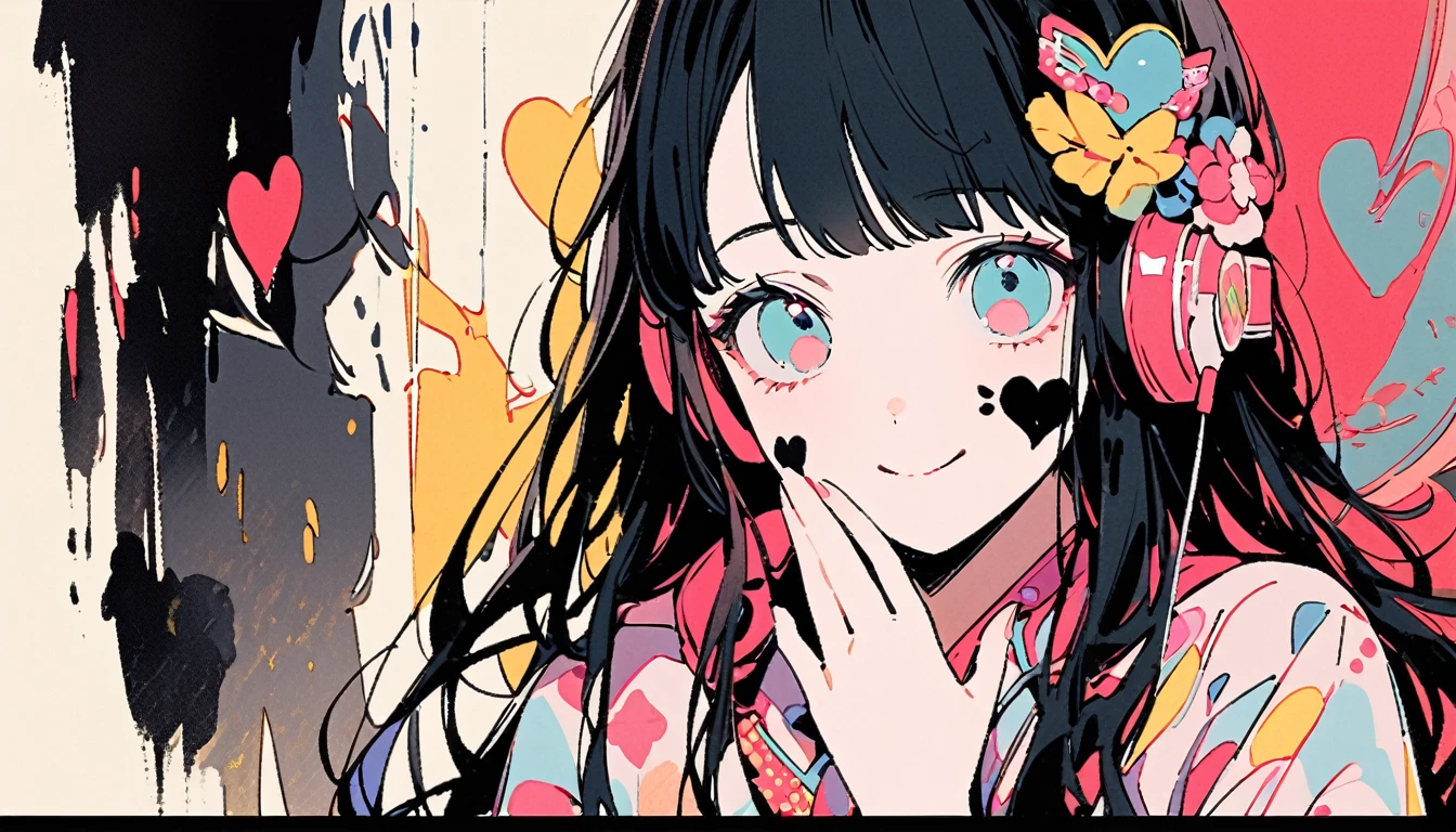 ((Ink Painting)), (((1 girl))), (((Heart tattoo on face))), (((Gorgeous hair accessories))), Japanese style headphones, face close-up, Japanese beautiful girl, Black Hair, Put your hands on your face, smile, devil, Droopy eyes, pastel color, Fashion portrait color photos