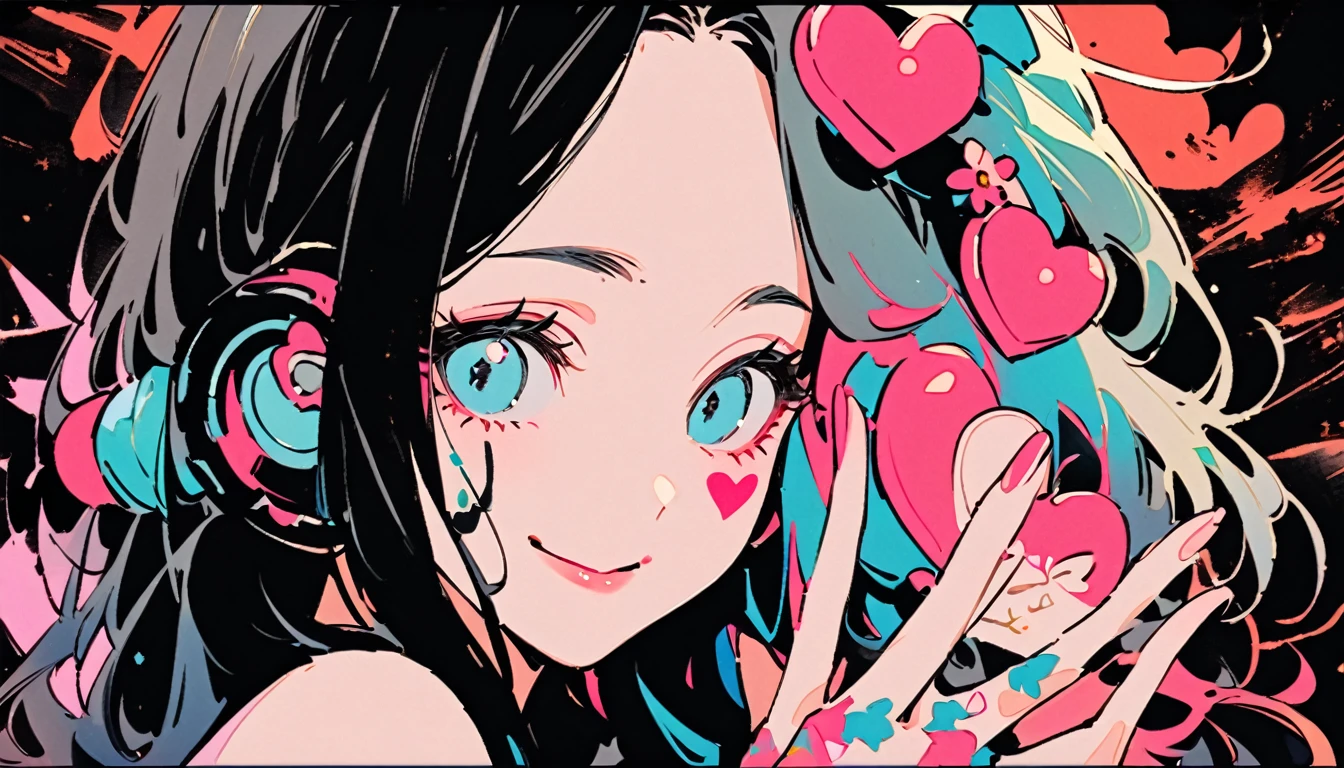 ((Ink Painting)), (((1 girl))), (((Heart tattoo on face))), (((Gorgeous hair accessories))), Japanese style headphones, face close-up, Japanese beautiful girl, Black Hair, Put your hands on your face, smile, devil, Droopy eyes, pastel color, Fashion portrait color photos