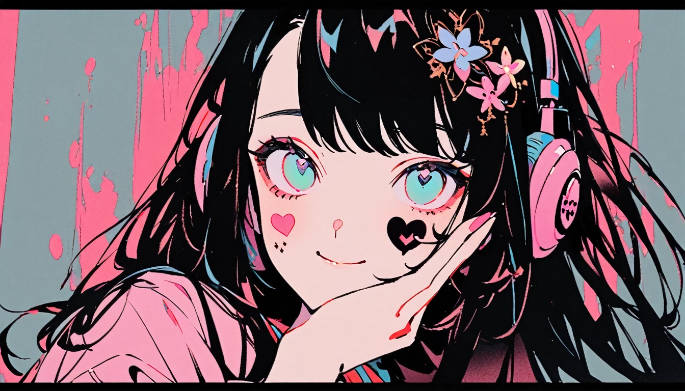 ((Ink Painting)), (((1 girl))), (((Heart tattoo on face))), (((Gorgeous hair accessories))), Japanese style headphones, face close-up, Japanese beautiful girl, Black Hair, Put your hands on your face, smile, devil, Droopy eyes, pastel color, Fashion portrait color photos