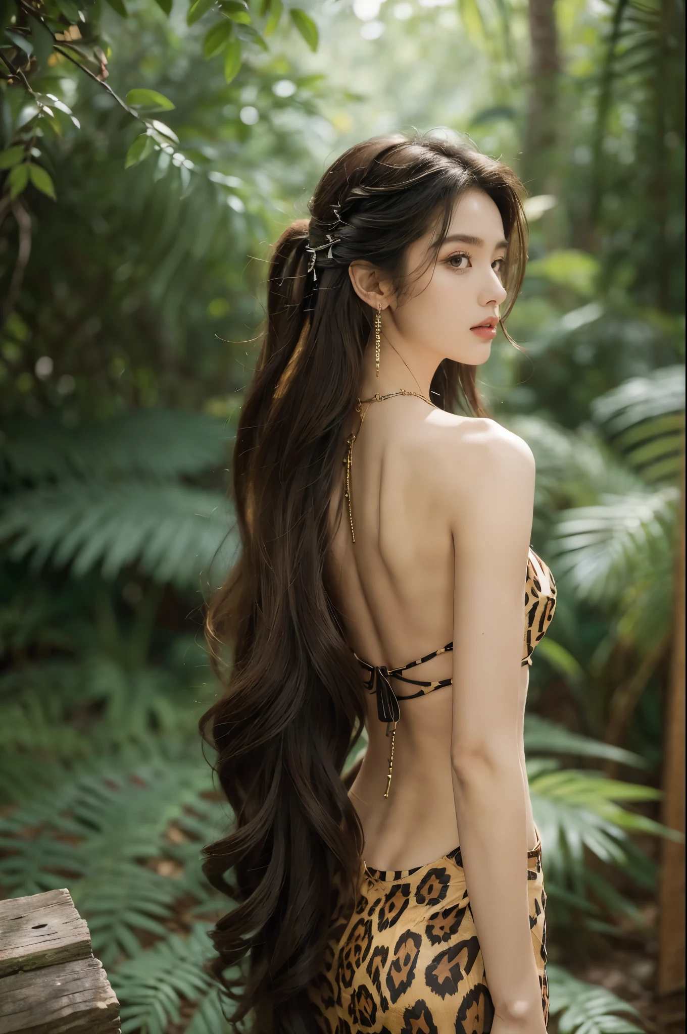 (((best quality))),(((ultra detailed))),(((masterpiece))),illustration,((1 beautiful girl,solo)),(shoulder length messy hair:1.2),((Beast bone earrings and necklace)),((slim,thin)),(((bare back,towering hips,butt crack))),fair complexion,(leopard print panel dress:1.3),seductive,wild spirit,lush forest,primitive,tall trees,green canopy, sunlight filter,scent of earth,bird chirping,small creatures,secluded spot,captivating,enigmatic,raw energy,untamed spirit,morden day Eve,Garden of Eden,playful,adventurous,striking appearance,exotic setting,summertime,heat,humidity,vibrant colours,endless possibilities,exquisite detail,expansive wilderness,feminine allure,((from back,upper body))