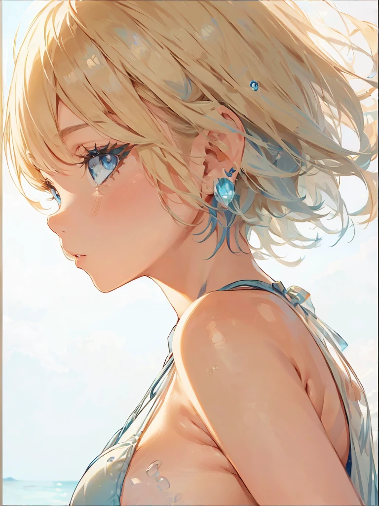 Girl with a depressed face Sideboob Exposure A cute girl in a swimsuit(original bikini swimsuit)(Small body) (Little Girl:1.5), (blonde:1.5)(eyelash:1.2)(eye shadow:1.3) (Blue eyes:1.5), (Beautiful fine details:1.4) (Short Bob Hair:1.4), (Blue eyes)(Big Breasts:1.3) (White skin:1.2)Height: 130cm, original character, Fantasy, View Viewer Art: (A girl with beautiful deep eyes. The depth of field in the photo is perfect、Lens flares create a nice atmosphere. The details of her face really stand out, This photo definitely gets a 10 or more.. background, There is a beautiful sea with crystal clear water and water droplets floating on the surface. Laughing happily