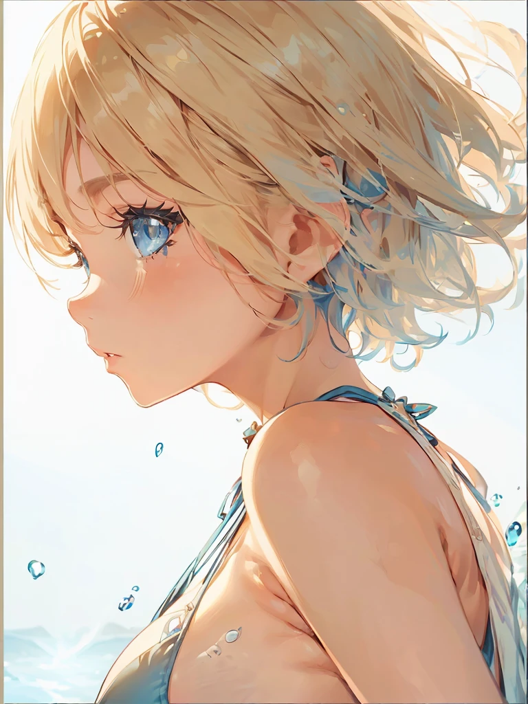 Girl with a depressed face Sideboob Exposure A cute girl in a swimsuit(original bikini swimsuit)(Small body) (:1.5), (blonde:1.5)(eyelash:1.2)(eye shadow:1.3) (Blue eyes:1.5), (Beautiful fine details:1.4) (Short Bob Hair:1.4), (Blue eyes)(Big Breasts:1.3) (White skin:1.2)Height: 130cm, original character, Fantasy, View Viewer Art: (A girl with beautiful deep eyes. The depth of field in the photo is perfect、Lens flares create a nice atmosphere. The details of her face really stand out, This photo definitely gets a 10 or more.. background, There is a beautiful sea with crystal clear water and water droplets floating on the surface. Laughing happily