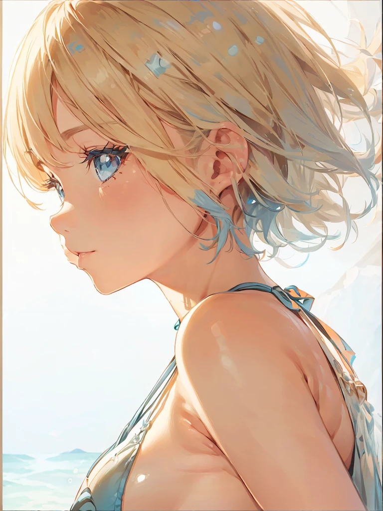 Girl with a depressed face Sideboob Exposure A cute girl in a swimsuit(original bikini swimsuit)(Small body) (Little Girl:1.5), (blonde:1.5)(eyelash:1.2)(eye shadow:1.3) (Blue eyes:1.5), (Beautiful fine details:1.4) (Short Bob Hair:1.4), (Blue eyes)(Big Breasts:1.3) (White skin:1.2)Height: 130cm, original character, Fantasy, View Viewer Art: (A girl with beautiful deep eyes. The depth of field in the photo is perfect、Lens flares create a nice atmosphere. The details of her face really stand out, This photo definitely gets a 10 or more.. background, There is a beautiful sea with crystal clear water and water droplets floating on the surface. Laughing happily