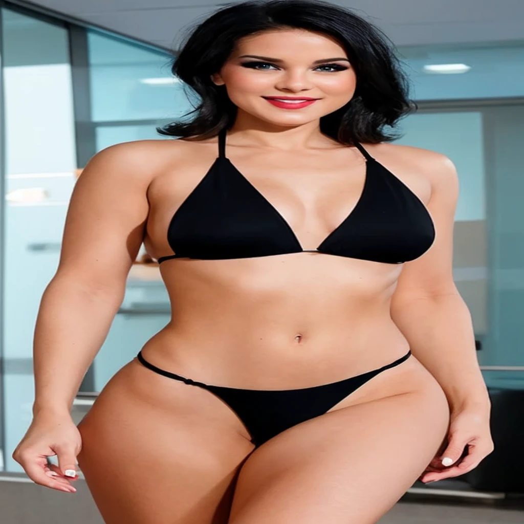 ((Annalena Baerbock)), best quality, ​masterpiece, deep neckline, very delicate and beautiful, Very detailed, CG, uniformly, 8k wallpaper, ridiculous, huge file size, very wide lens, soft lighting, against_day, in the office, 1 girl, alone, sexly, adorable, slight smile, ((medium length black straight hair)), lipstick, longeyelashes, beautiful eyes,  center, ((micro , neckholder top)), , long legs, 44D  size, nice legs, two slightly exposed points, (Translucent: 1.1), Stand, Full body,