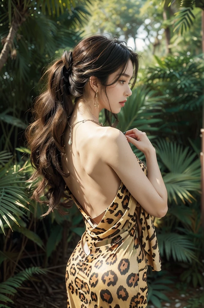 (((best quality))),(((ultra detailed))),(((masterpiece))),illustration,((1 beautiful girl,solo)),(shoulder length messy hair:1.2),((Beast bone earrings and necklace)),((slim,thin)),(((bare back,towering hips,butt crack))),fair complexion,(leopard print panel dress:1.3),seductive,wild spirit,lush forest,primitive,tall trees,green canopy, sunlight filter,scent of earth,bird chirping,small creatures,secluded spot,captivating,enigmatic,raw energy,untamed spirit,morden day Eve,Garden of Eden,playful,adventurous,striking appearance,exotic setting,summertime,heat,humidity,vibrant colours,endless possibilities,exquisite detail,expansive wilderness,feminine allure,((from back,upper body))