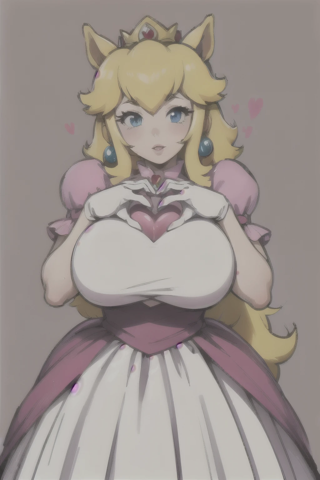 1 girl, Alone, Lips, Horse tail, big breasts,  heart hands, simple heart dress background, princess peach 