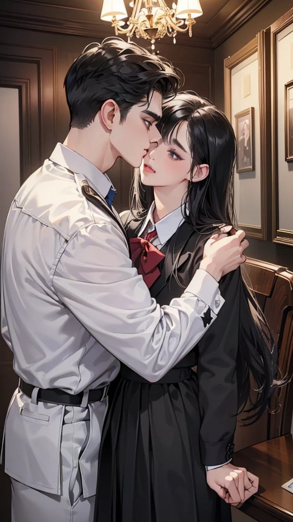 (masutepiece, Digital Art, Digital Illustration, 4K, 8K, Ultra-detailed, beautiful image, Sharp Image, Photorealistic, Raw photo, Perfect face, Perfect lines, Perfect, wear a cloth blindfold, Soft lighting) 1 woman, (Long Black Hair,straight haired,Bullish gaze,Beautie,Woman in school jackets and school uniforms korea dress ,Solid makeup,23 y-o woman,small tits:1.3),Secretary, Two handsome men in school jackets and school uniforms korean, (ember,Men in suits,well-muscled,Firm shoulder width,Adult male,Boyish hairstyle,english gentlemanly style,Man in his 30s with a cool expression,28-year-old man with bright smile:1.2),Office scene at night,Antique furnishings,Antique Clamps,Antique chair,chandeliers,Parti、a couple、couple kissing、kiss、the kiss、Romance、Kissing