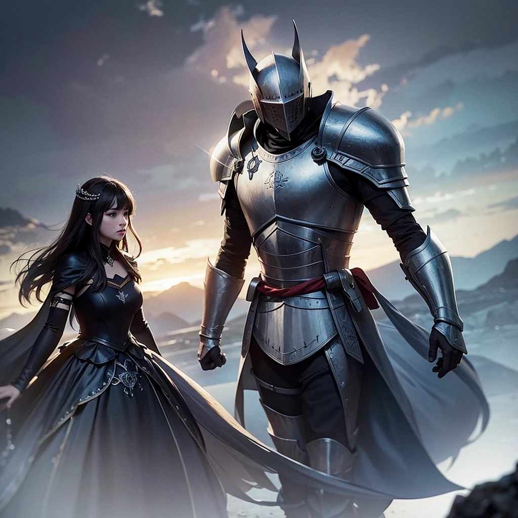 There are 2 characters, knight, princess, The atmosphere looks sad.