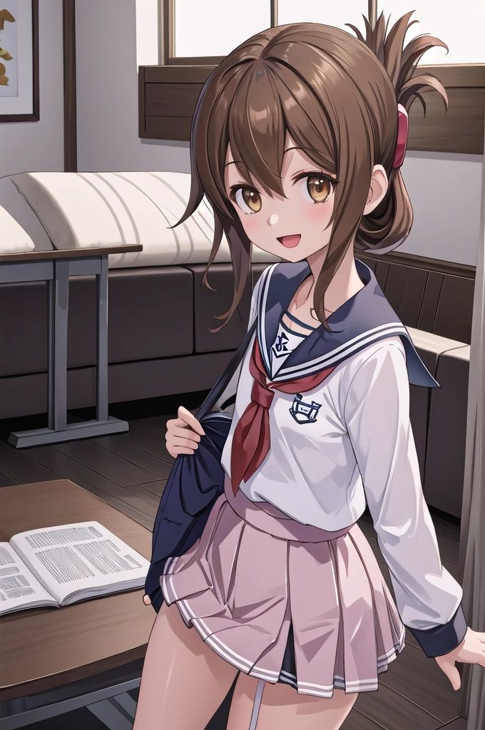 Highest quality, masterpiece, High resolution, alone, {inazuma_Kantai Collection}, brown_hair, Folded_ponytail, brown_eye, length_hair, Open_mouth, smile, School_uniform,skirt,Pleats_skirt,((Flat Chest, Small breasts)), (White panties), (bra), (In underwear), (Flashy underwear), (lingerie), (indoor, office, living room), skirtリフト