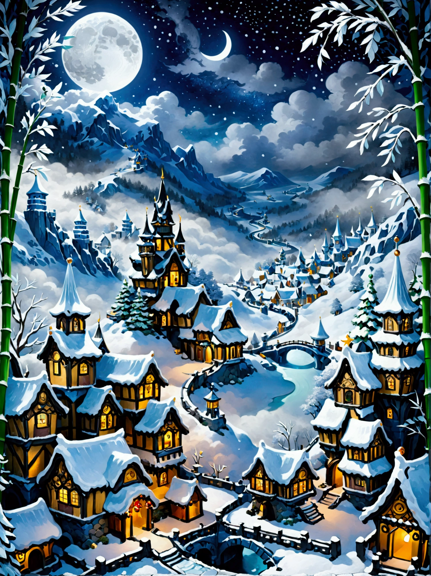 (masterpiece), (Super detailed:1.3), Best quality, (Shiny:1.2), (A winter wonderland village in fantasy and mythology:1.4), (Van Gogh style wonderland architecture：1.5), (The moon is empty), (Fresh，cold，Mountains，White mist，illusory，broad，bamboo forest，Frost Flower，diamond，breeze，Bamboo Leaves，Heaven，lake，ice，Lingzhi，ancient，pavilion，mural，Ride the clouds，sacred，peaceful，peaceful，extraordinary，beauty，peaceful，detail，energy，Pleasure，isolated，Treasure，nature，magic，creativity), Illustration style and decoration，Winter wonderland，Cute design style，night，Snowfield，Full Moon，Vivid colors，(Weird and charming fantasy), Hyperreal Portraits，(Fantasy-themed winter), (A strange wonderland), (Rich多彩，Landscape full of candy), (charming，magic的生物), (One full of energy，Palace surrounded by fog), (White Cloud Road), (Fairyland castle in the distance), (Like a mirror，不对称的masterpiece钟表配件), (Rich，Fantastical colors), (Twinkling Stars), promote，(four dimensional dream), (迷人charming氛围), (Playful composition), (生动的Light and shadow effects), 1.4 times more realistic，超High Definition，展现在这个beauty的场景中，(Very detailed，Reasonable design，Clear lines，High Definition，masterpiece，Official Art，Light and shadow effects，8k)