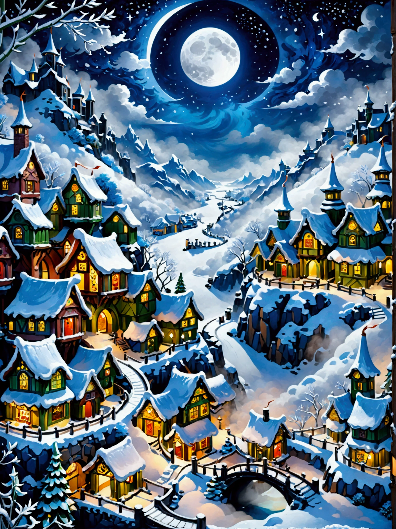 (masterpiece), (Super detailed:1.3), Best quality, (Shiny:1.2), (A winter wonderland village in fantasy and mythology:1.4), (Van Gogh style wonderland architecture：1.5), (The moon is empty), (Fresh，cold，Mountains，White mist，illusory，broad，bamboo forest，Frost Flower，diamond，breeze，Bamboo Leaves，Heaven，lake，ice，Lingzhi，ancient，pavilion，mural，Ride the clouds，sacred，peaceful，peaceful，extraordinary，beauty，peaceful，detail，energy，Pleasure，isolated，Treasure，nature，magic，creativity), Illustration style and decoration，Winter wonderland，Cute design style，night，Snowfield，Full Moon，Vivid colors，(Weird and charming fantasy), Hyperreal Portraits，(Fantasy-themed winter), (A strange wonderland), (Rich多彩，Landscape full of candy), (charming，magic的生物), (One full of energy，Palace surrounded by fog), (White Cloud Road), (Fairyland castle in the distance), (Like a mirror，不对称的masterpiece钟表配件), (Rich，Fantastical colors), (Twinkling Stars), promote，(four dimensional dream), (迷人charming氛围), (Playful composition), (生动的Light and shadow effects), 1.4 times more realistic，超High Definition，展现在这个beauty的场景中，(Very detailed，Reasonable design，Clear lines，High Definition，masterpiece，Official Art，Light and shadow effects，8k)