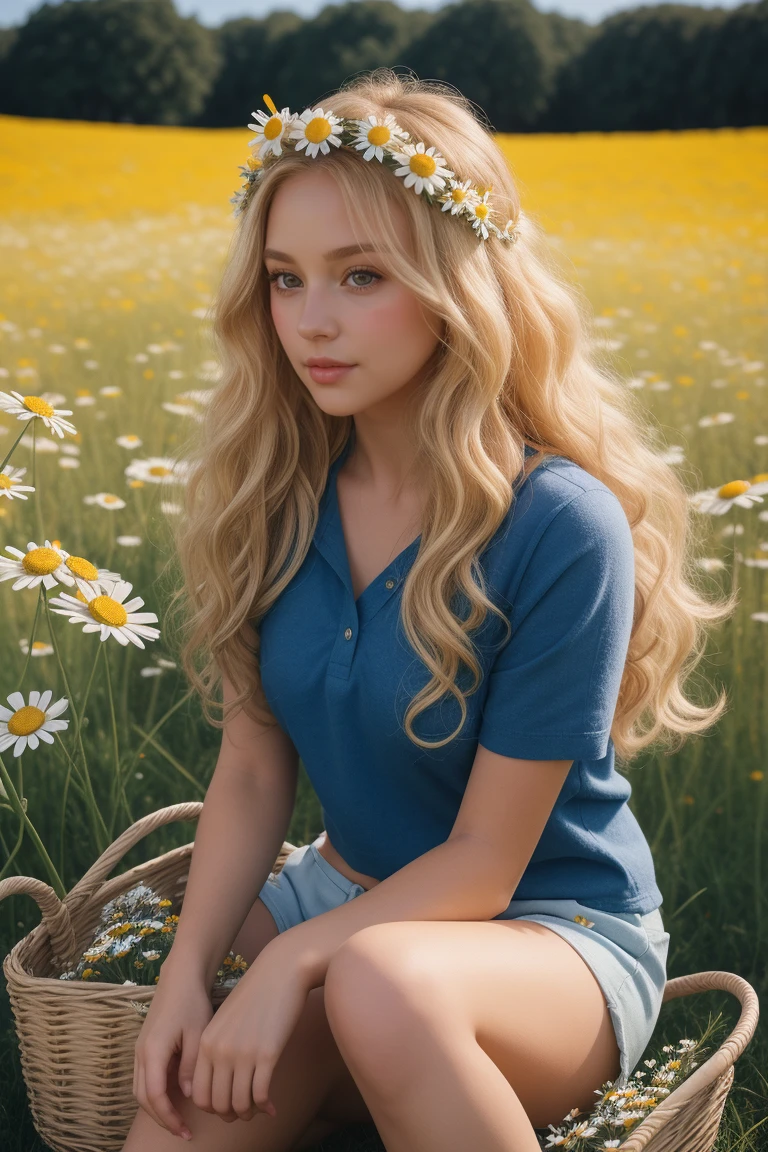 (girl:1.2),One, (long blonde curly hair:1.1), Brown eyes, Wear a wreath of daisies on your head, Sitting in a chamomile field, (fruit basket:1.1), blue shorts, Red shirt,,RAW,photographic,photo shadow,valid,Ridiculous,aesthetic,elegant
